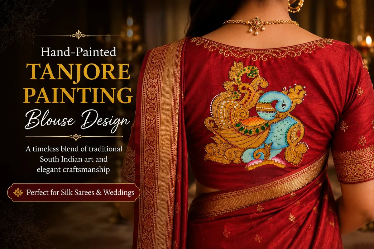 Hand-painted Tanjore peacock motif on silk blouse