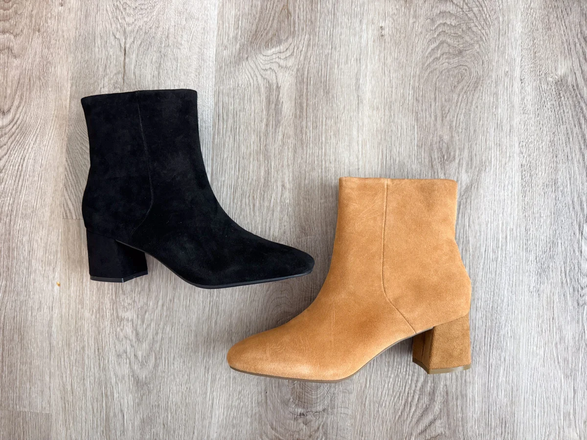 Ankle boots flat lay on neutral background