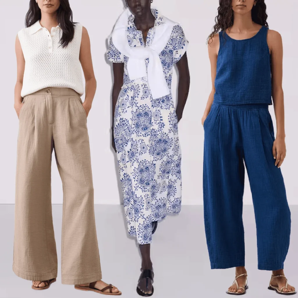 Matching blue gauze set with barrel pants styled for work
