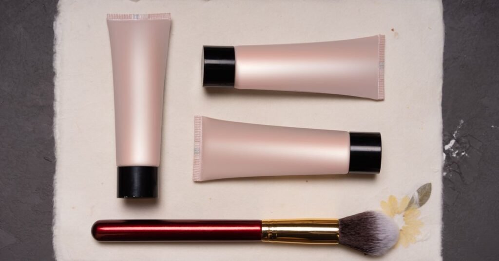 Cosmetic tubes and makeup brush on textured background