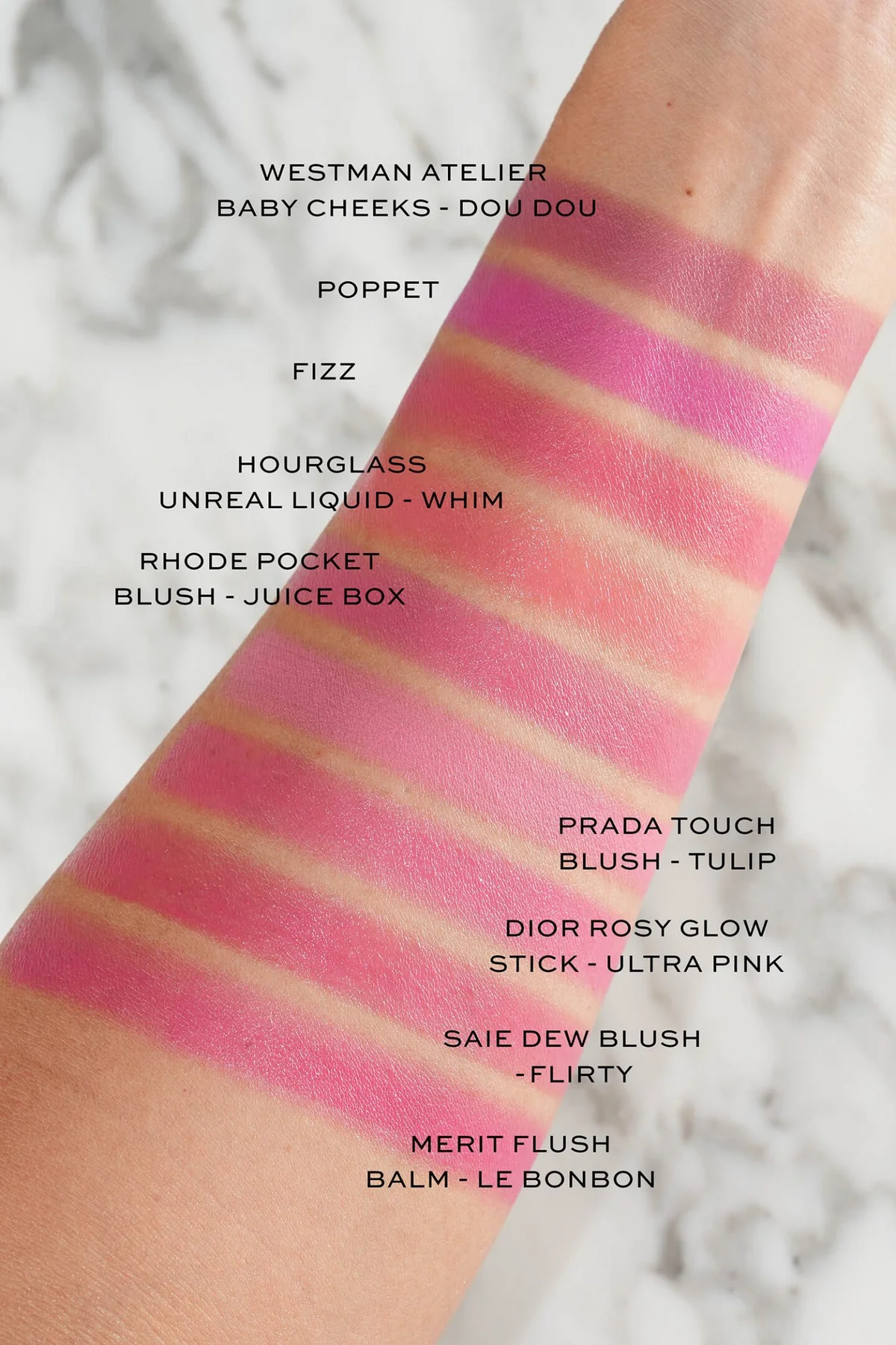 Bright pink cream blush swatch comparison lineup