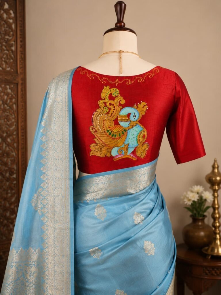 Tanjore painted blouse paired with Kanchi saree