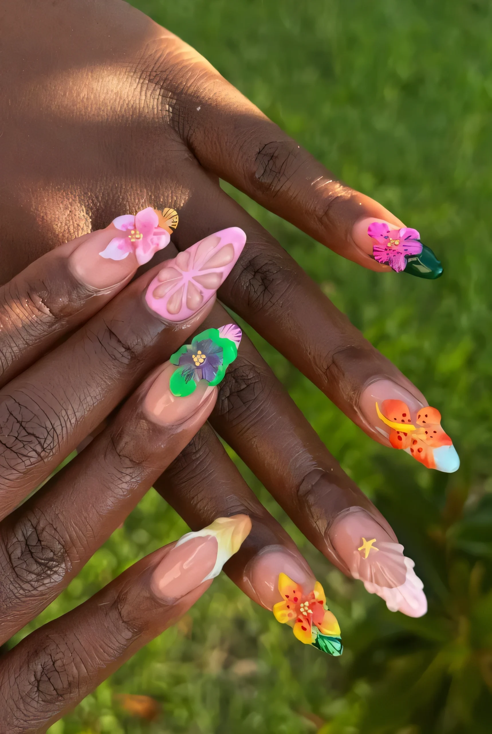3D tropical flower nail art with raised petals