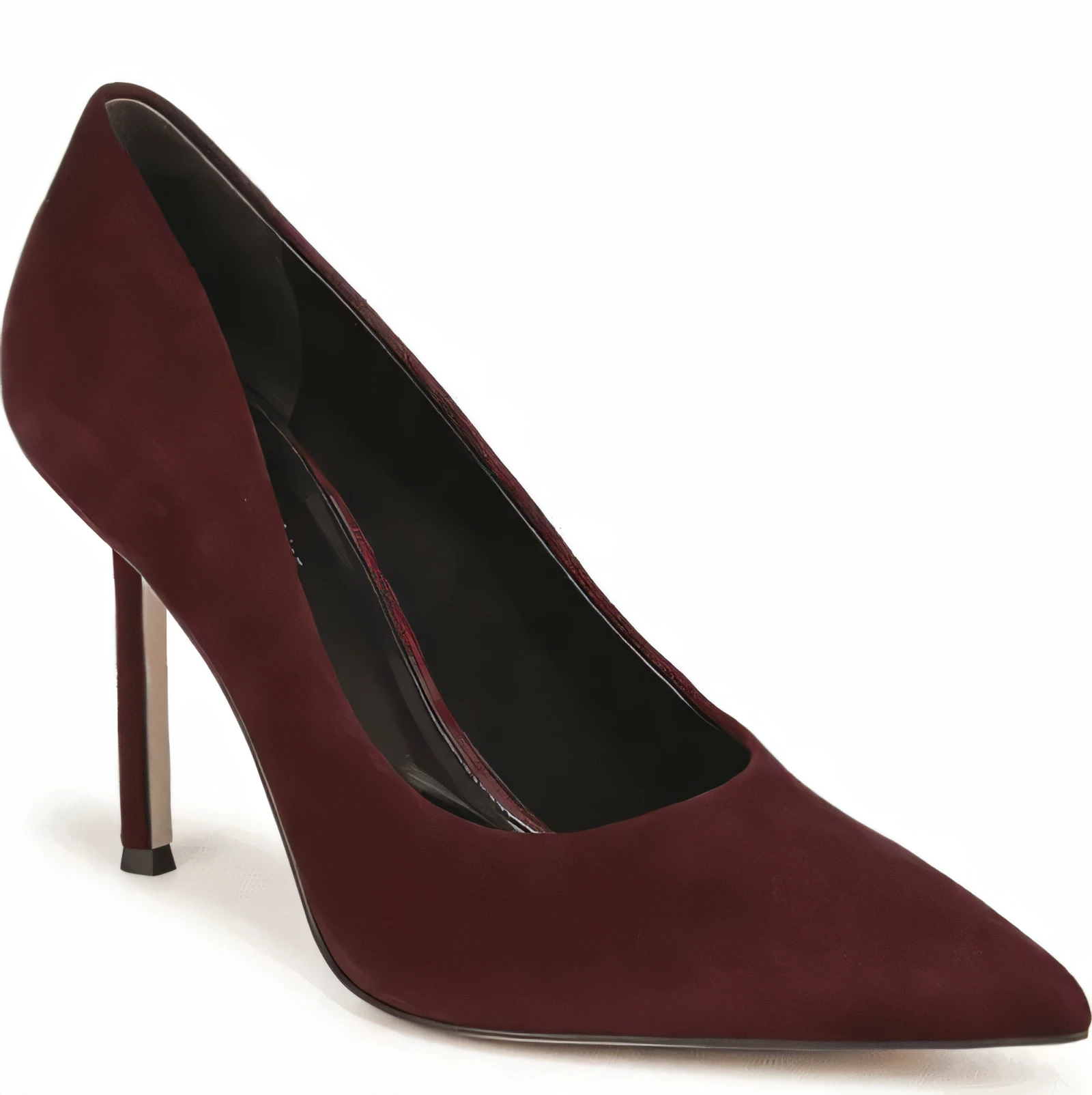 Wine-colored suede pointed-toe pump in Bordeaux on white background