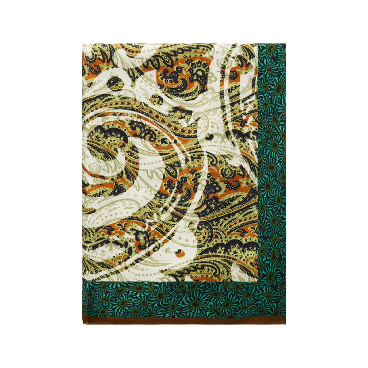 silk scarf with orange paisley pattern on neutral background