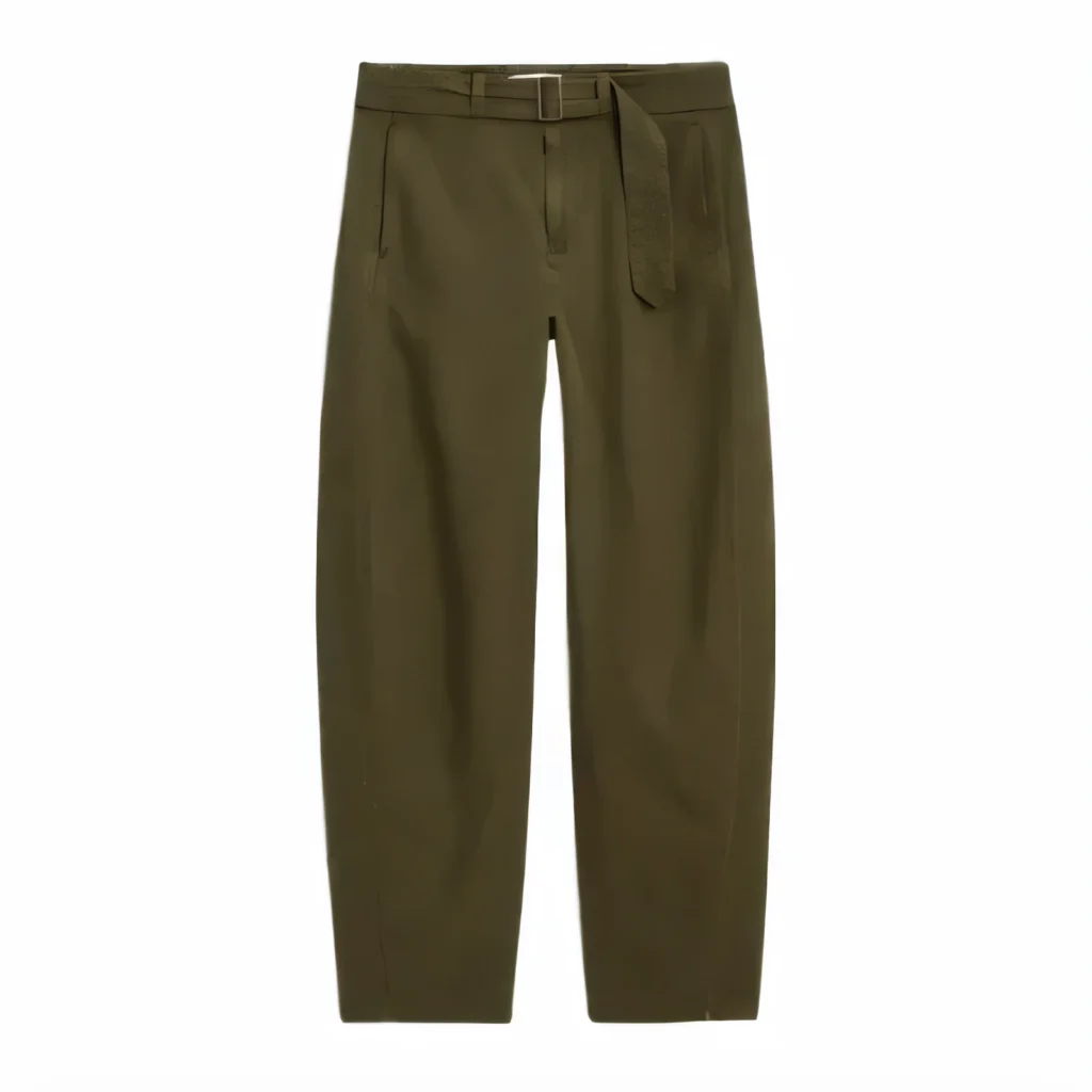 Olive tailored straight-leg trousers, the base of the first formula