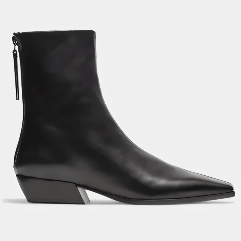 Black leather ankle boot with pointed toe and low block heel