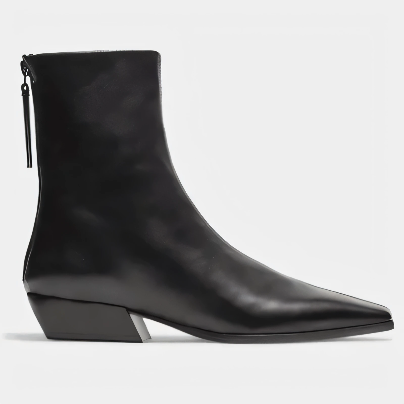 Black leather ankle boot with pointed toe and low block heel