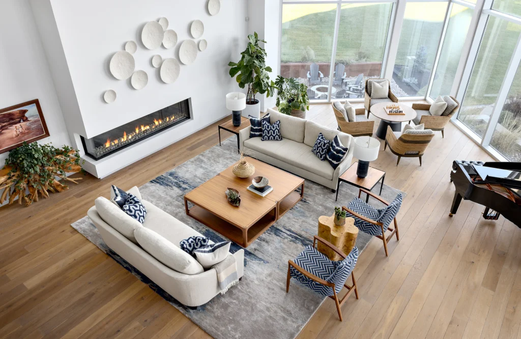 Colourful patterned area rug in a gray sofa living room