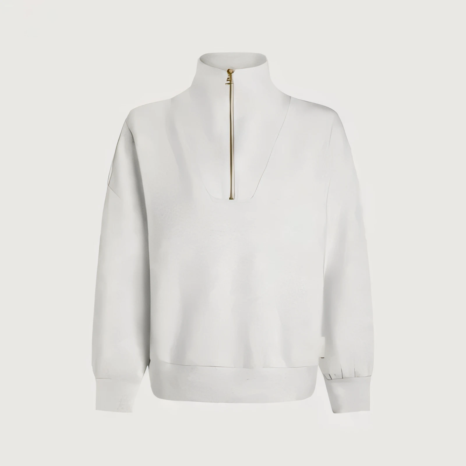 White high-collar zip-up sweatshirt with gold zipper
