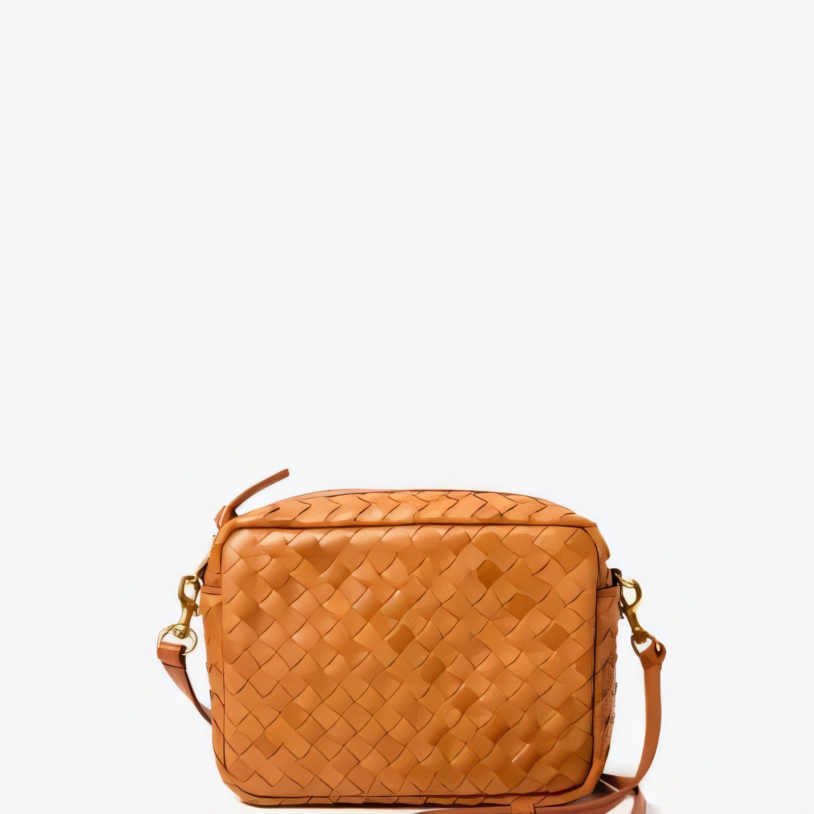 Tan woven leather crossbody bag with thin strap