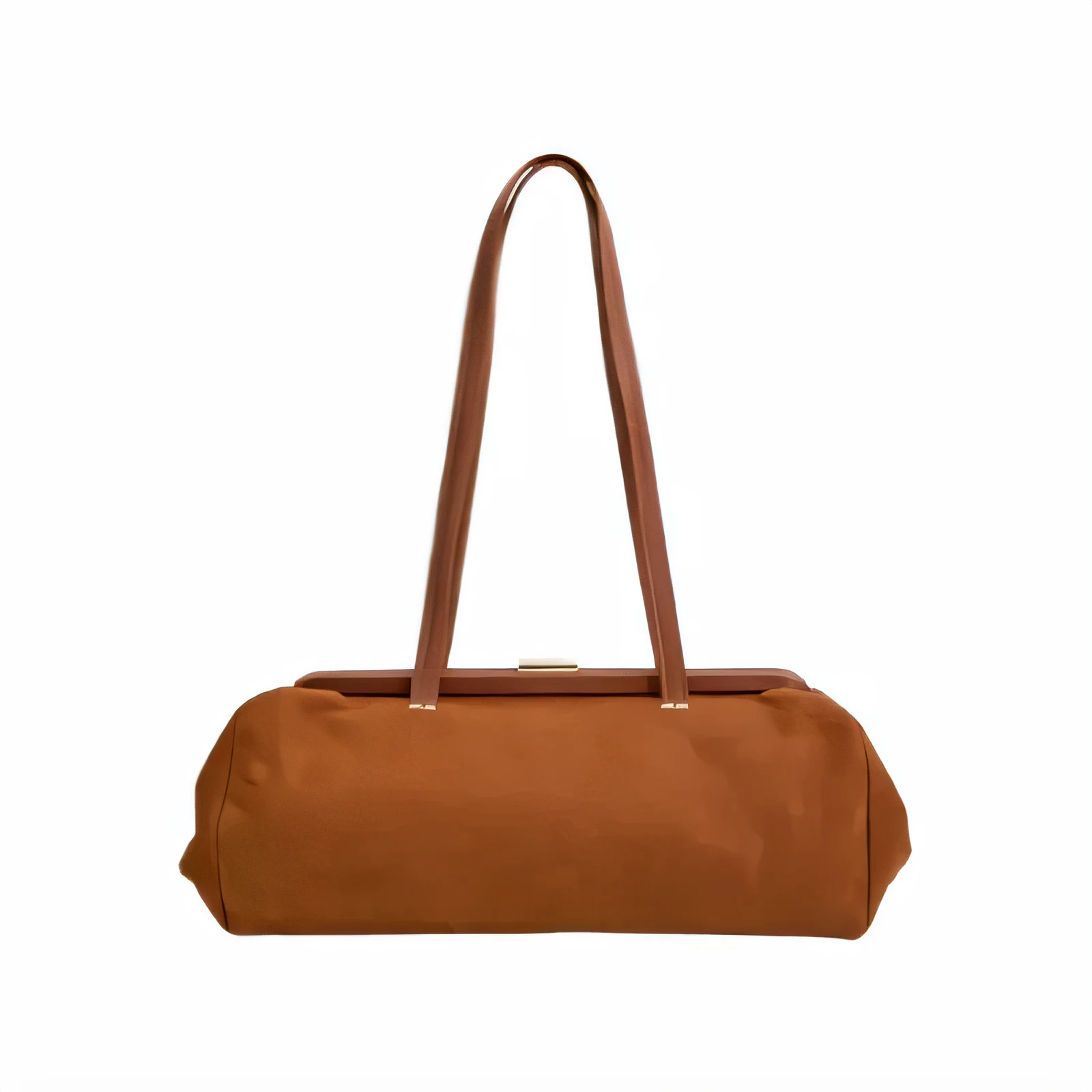 Structured tan leather handbag with long handles