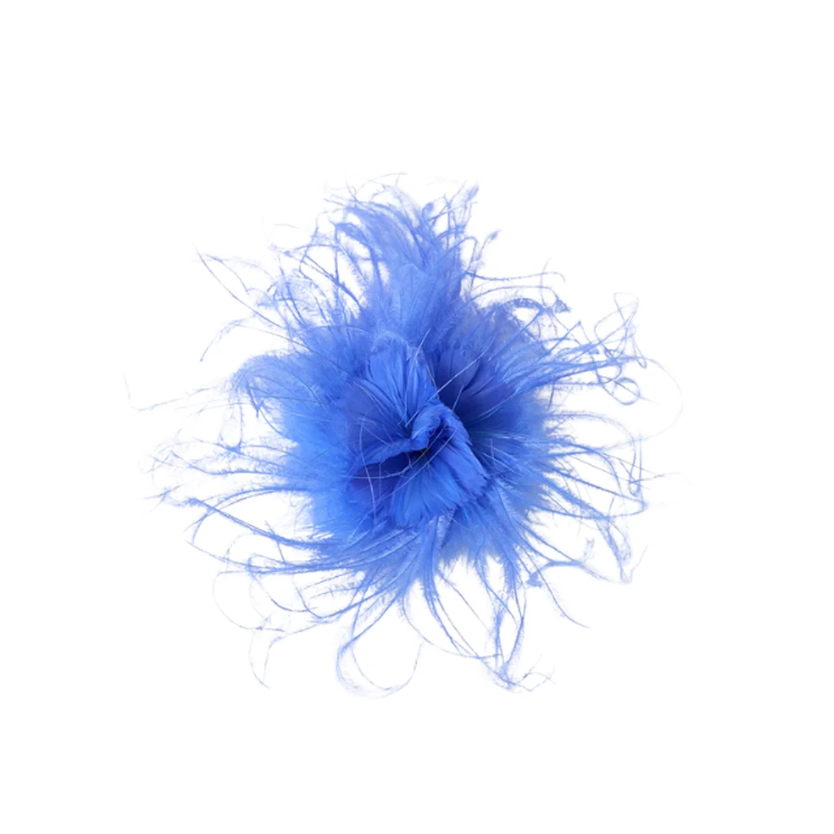 blue feathered brooch on white background