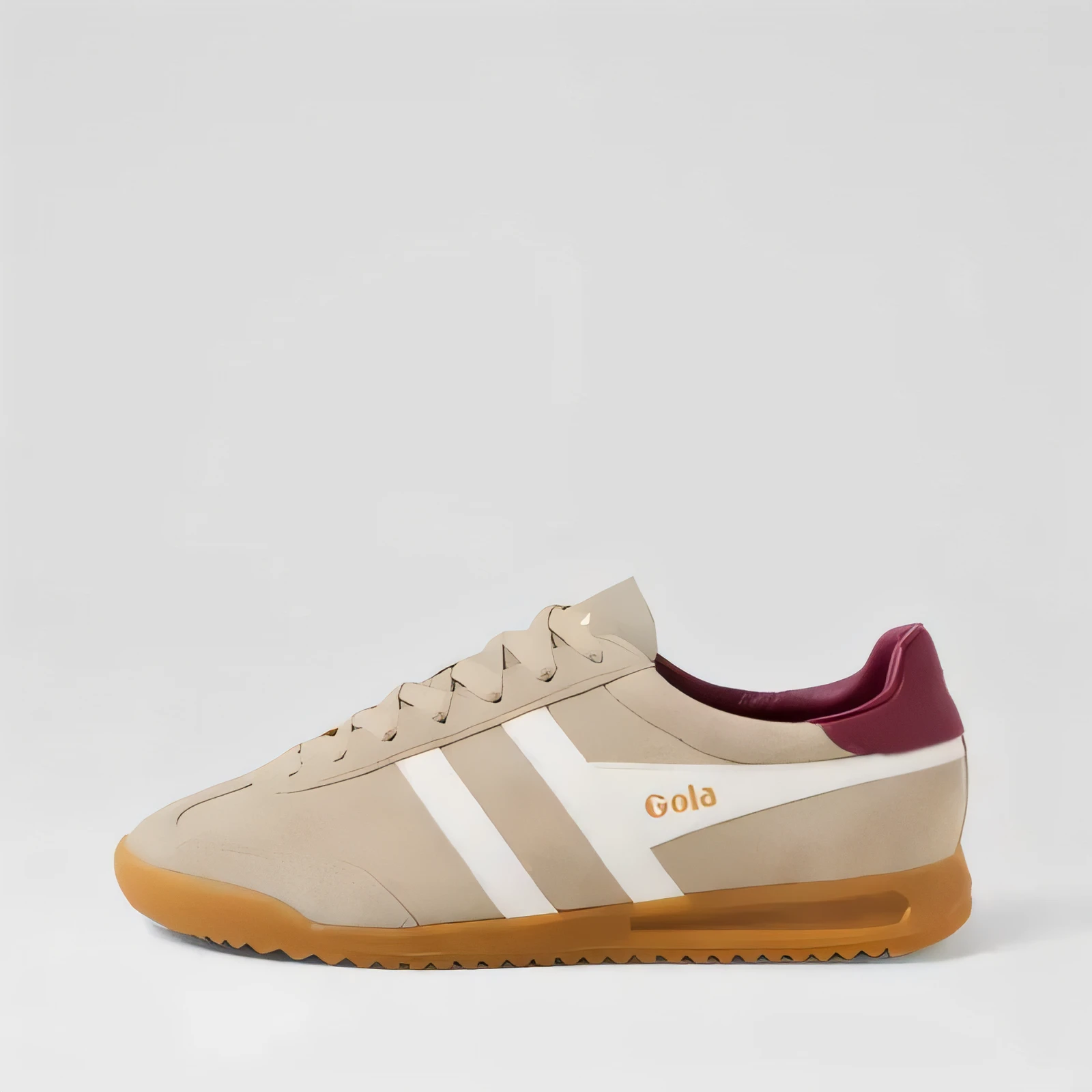 Beige suede sneaker with white stripes and gum sole