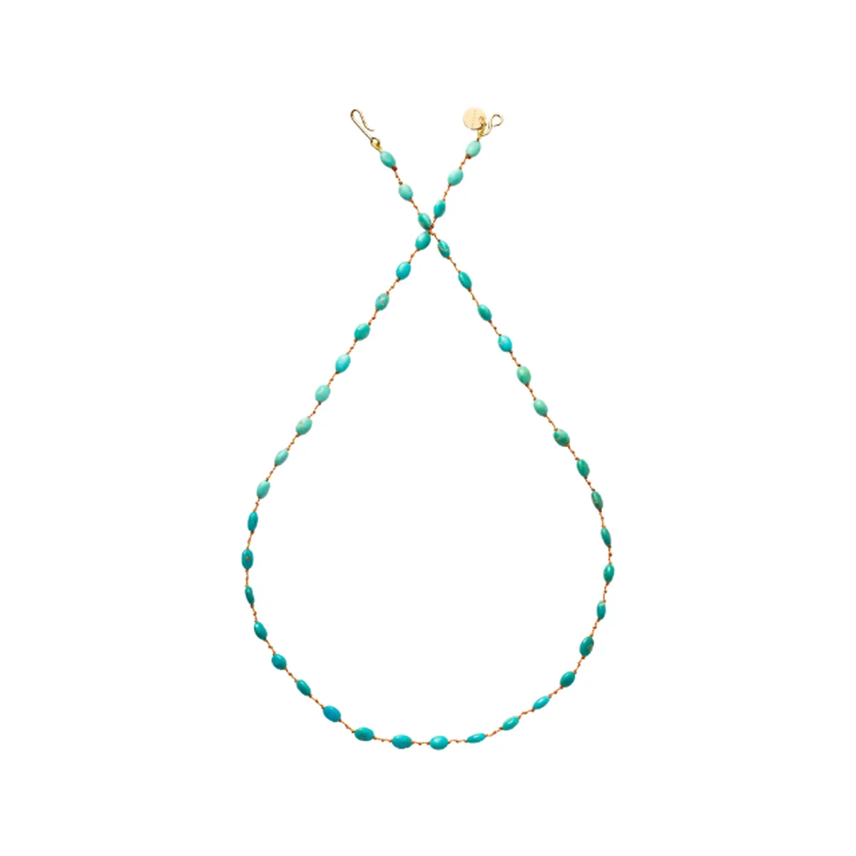 turquoise beaded necklace with gold clasp on white background