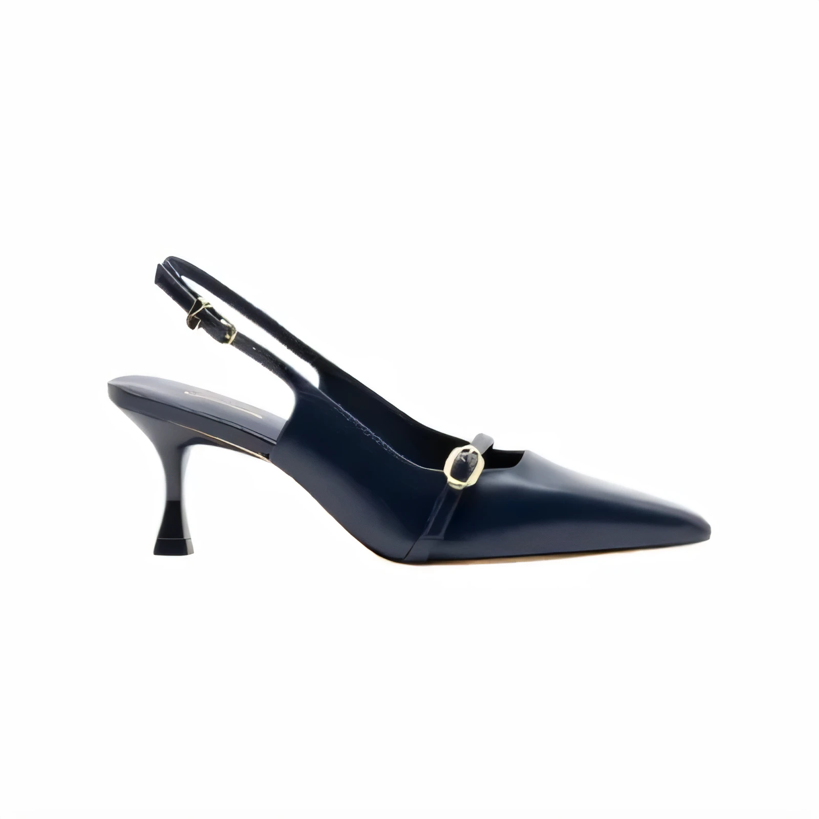 Navy pointed slingback pump with a gold buckle