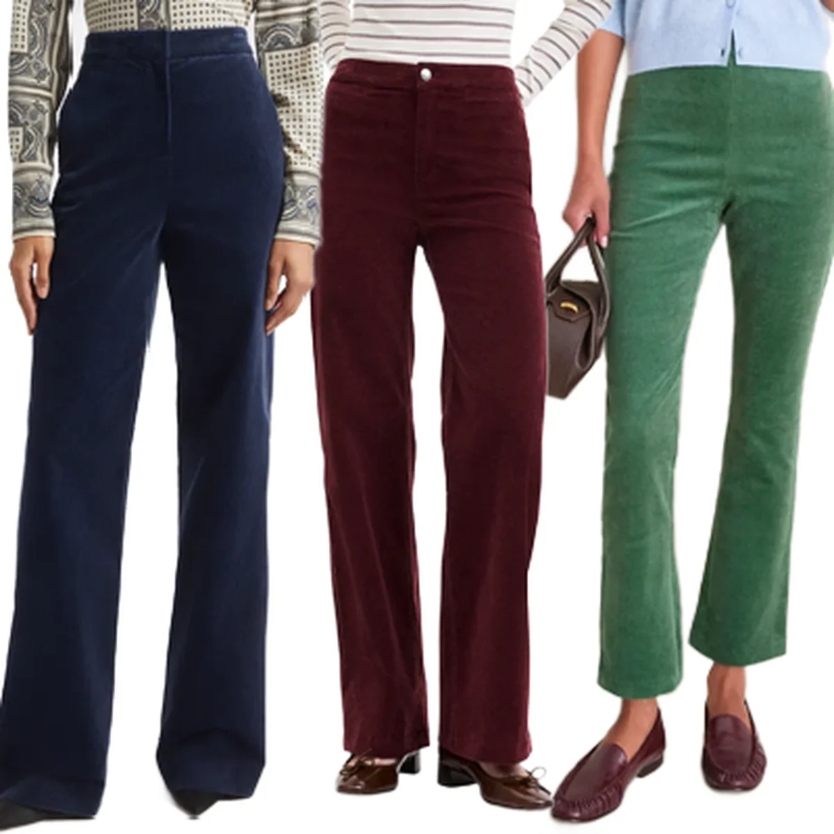 Three color variations of wide-leg corduroy trousers in navy, maroon, and forest green.
