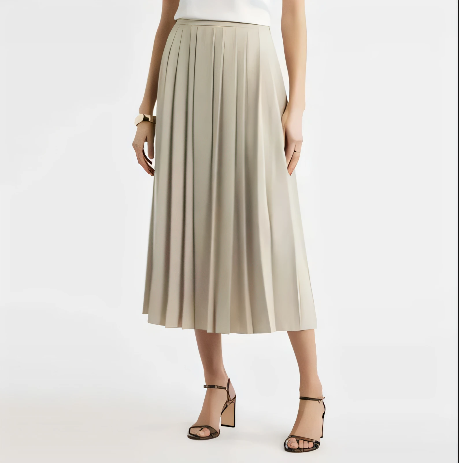 Beige pleated midi skirt styled for work, studio product shot