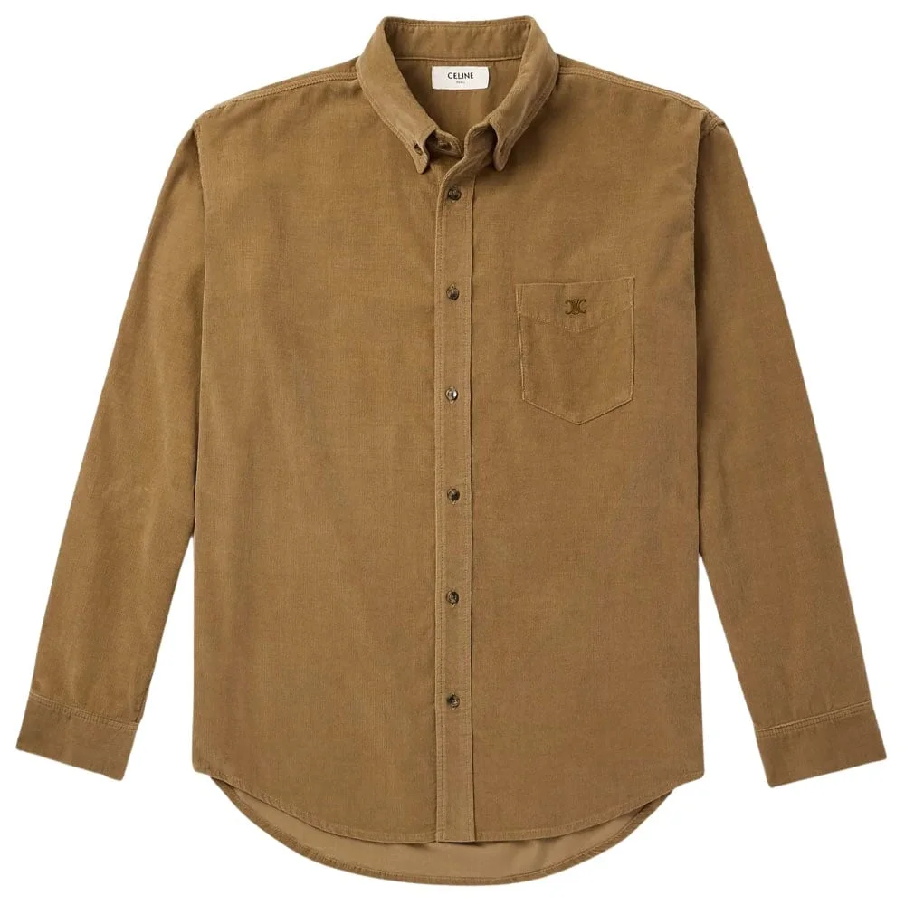 Tan corduroy button-down shirt with chest pocket, fall staple