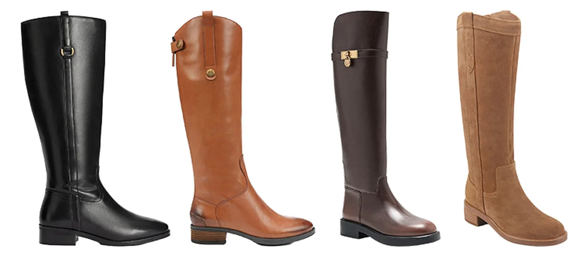 Four tall riding boots in black, tan, brown, and suede