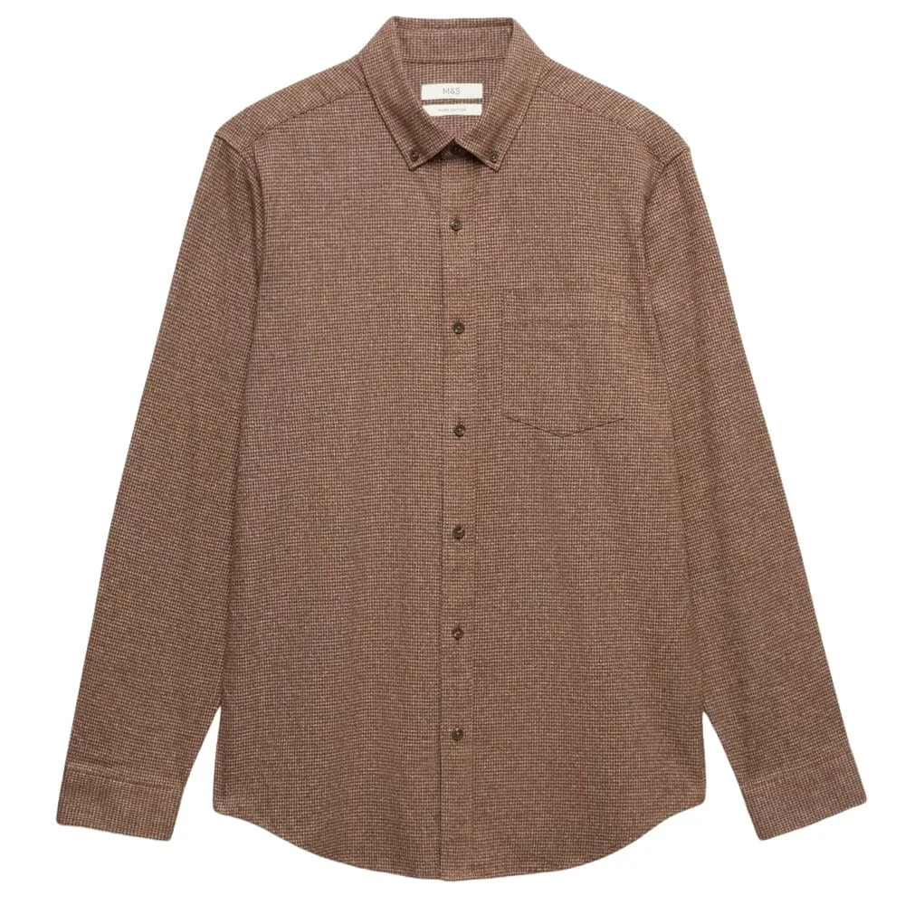 Brown checkered flannel shirt with chest pocket, button-down collar