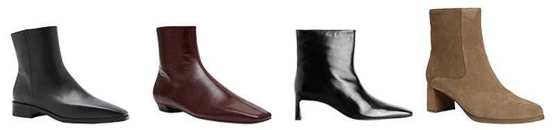 Four women's ankle boots in black, burgundy, and tan
