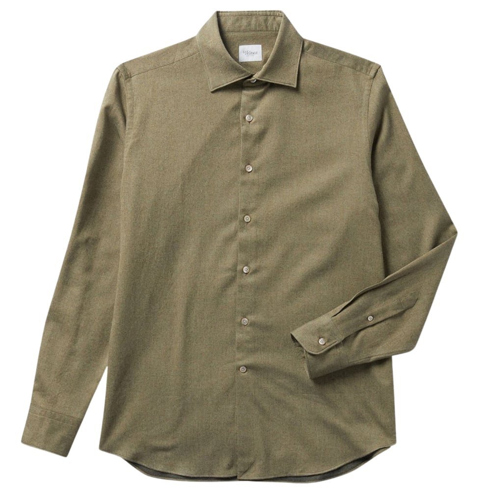 Olive green long-sleeve button-down shirt with collar